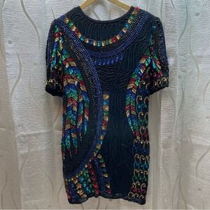 Unique Vintage Black Beaded Sequin Statement Top Short Sleeve Evening Party